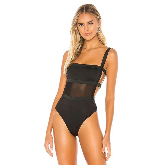 Revolve Superdown Camille Strappy Back Bodysuit Small Black Mesh Cutout Sexy Top - Picture 6 of 13